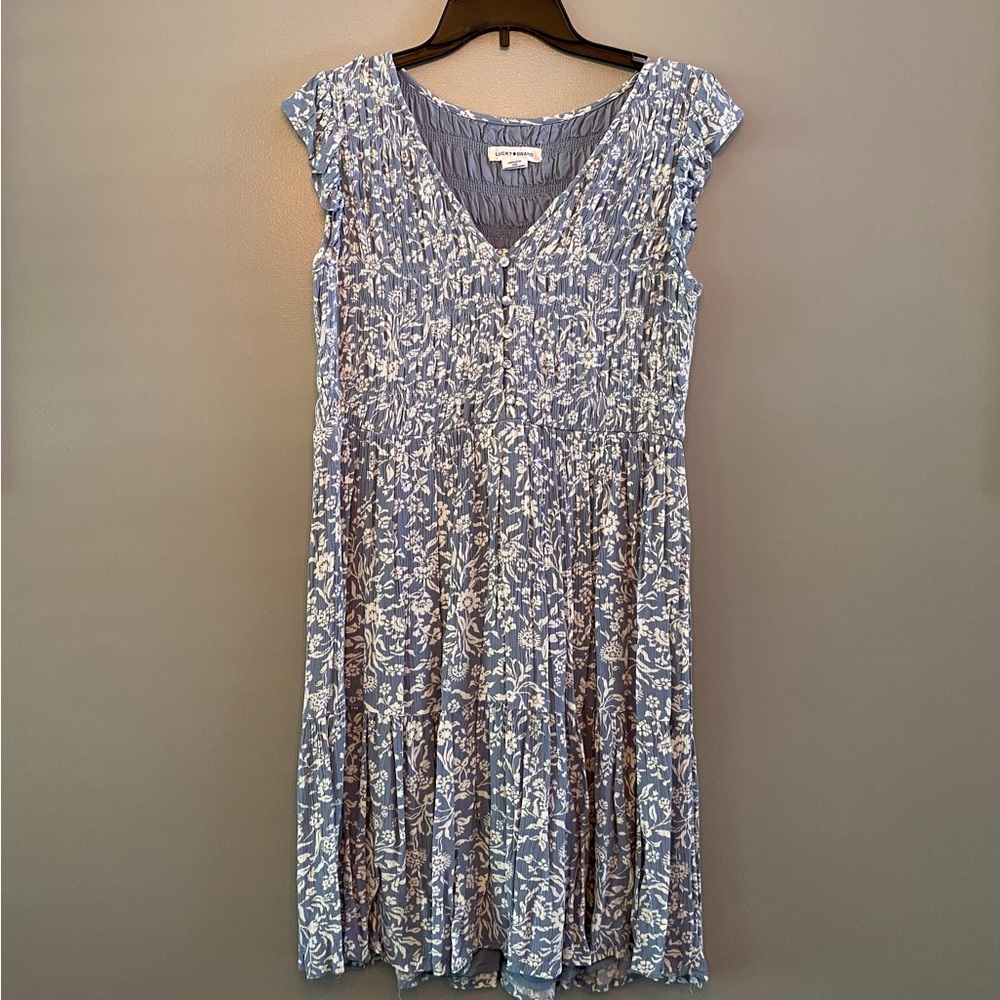 Lucky Brand White and Blue Sleeveless V-Neck Sundress